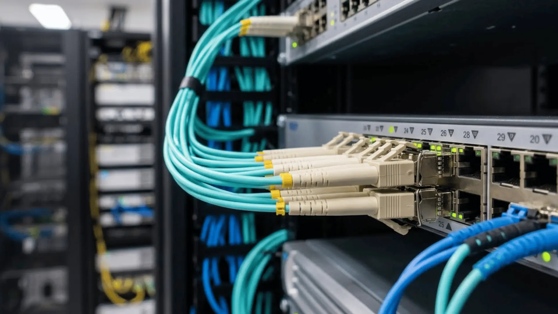 Duplex LC fiber optic connectors connected to SFP transceivers in a high-density data center switch