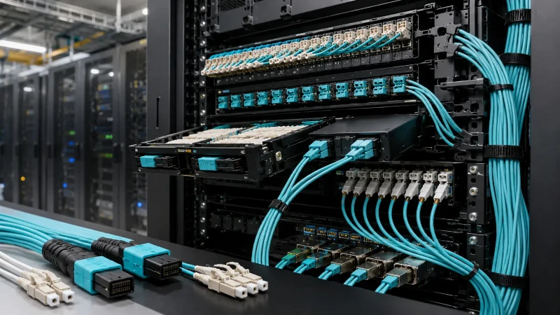 MPO-12 fiber cables in a high-density data center cabinet MPO-12 fiber cables in a high-density data center cabinet